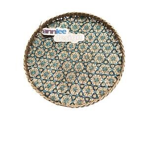 Ann Lee Designs handwoven bamboo basket tray Dark Teal Light Teal Star 14”x14x1”